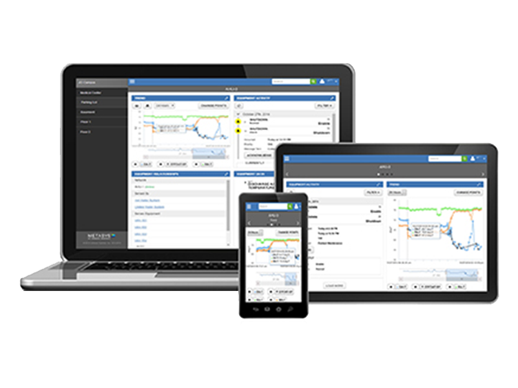 Laptop, tab and mobile showcasing the Metasys software interface