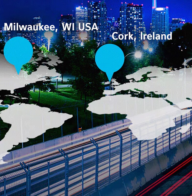 Locations marked for three Johnson Controls offices across map with the background of city view in the night