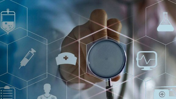 close up of a doctor's hand with stethoscope on the healthcare technology icons