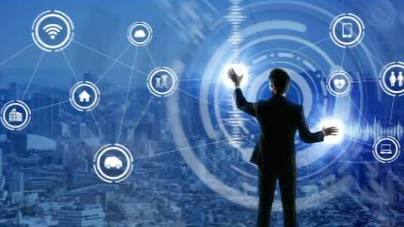 A man using a smart screen with an overlay of digital communication icons