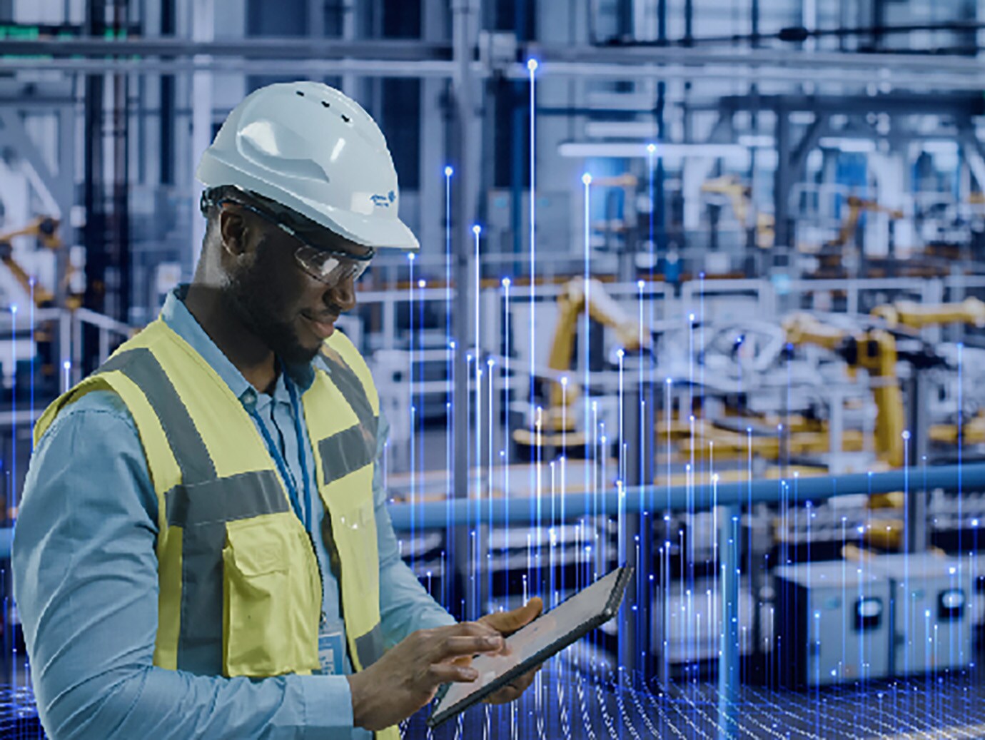 Johnson Controls technician in safety gear using a tablet, overlaid with a graphic of transmission nodes in the background